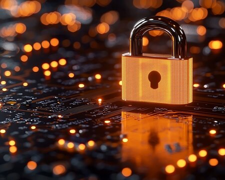 Digital security, represented by a glowing padlock on a circuit board.