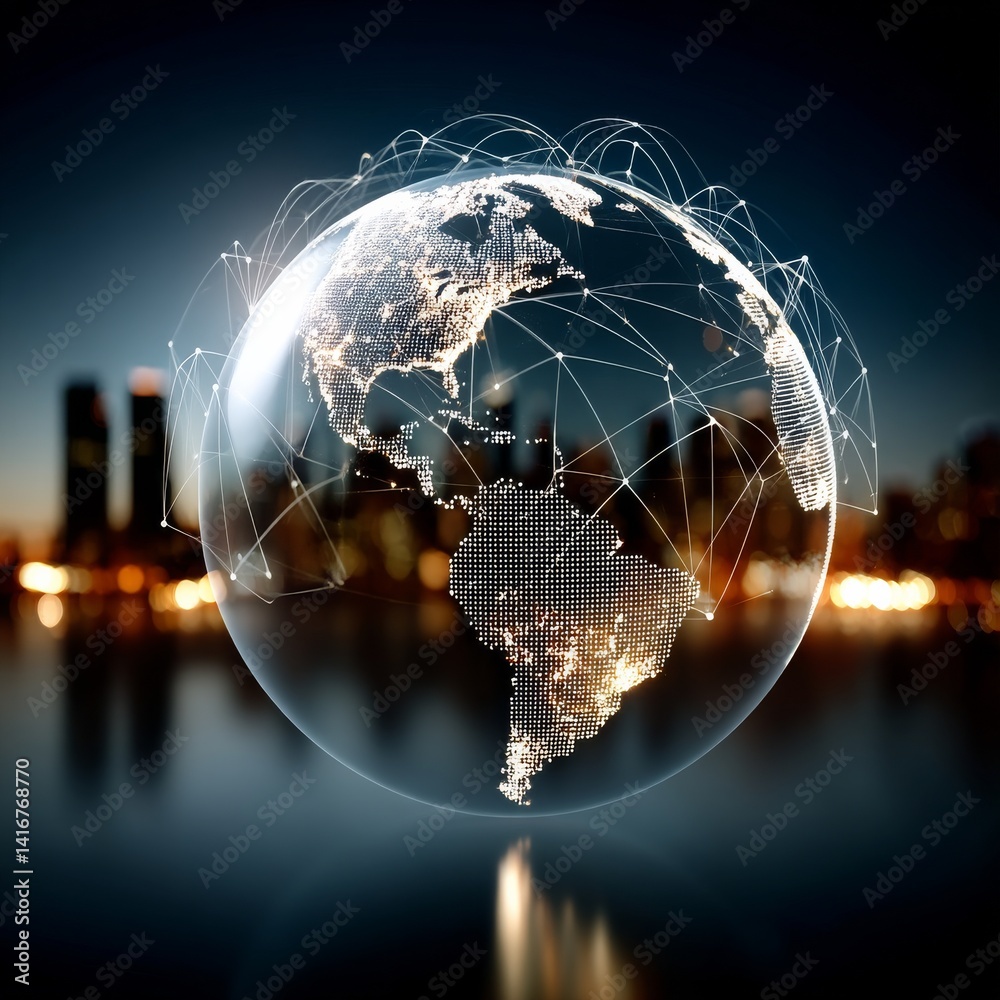 Poster global network globe with city lights bokeh: a vision of interconnectedness and technological advanc