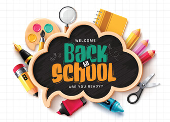 Back to school blackboard clipart template. School greeting text in speech bubbles chalkboard clip art with educational supplies like watercolor, notebook and color pencil elements in grid line space 