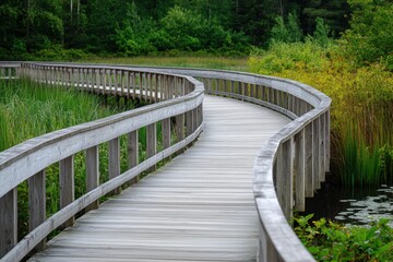 Obraz premium Serene Curved Boardwalk Through Lush Green Wetland Landscape