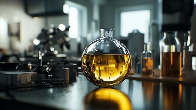 Round Bottom Flask Containing Yellow Liquid in a Laboratory Setting