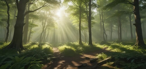 Obraz premium Bright sun rays illuminate a lush, green forest panorama , trees, light