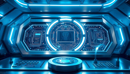 Futuristic Control Room with High-Tech Interface and Bright Lights