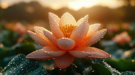 Dew-kissed peach lotus blossom at sunset