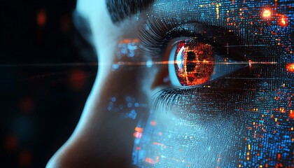 Digital enhancements overlaying a human eye, showcasing futuristic technology.