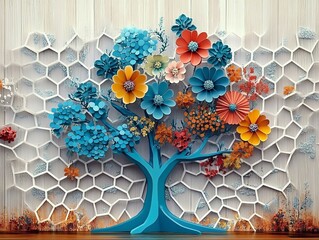 A vibrant, stylized tree adorned with colorful, paper-crafted flowers bursts forth against a backdrop of intricate honeycomb textures, evoking a sense of artful elegance.