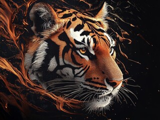 An artistic depiction of a majestic tiger, its piercing gaze set against a backdrop of dynamic and expressive fiery elements. The image is an artful representation.
