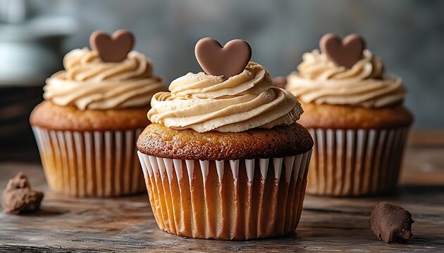 Three delectable caramel cupcakes adorned with chocolate hearts.