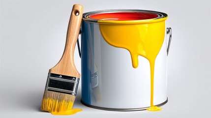 Can of yellow paint with a brush leaning on it. The paint is dripping from the can, creating a messy and artistic scene