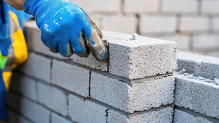 Skilled Masonry Work with Concrete Blocks in Construction Site
