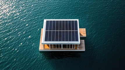 Sustainable Floating Home with Solar Panels on Serene Water Surface