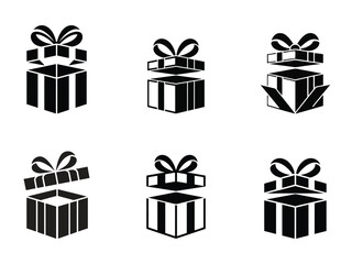 Six Variations of Open Gift Box Icons Black and White