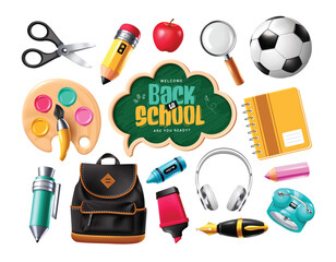 School elements clipart set. Back to school educational elements clip art collection like speech bubble chalkboard with greeting text, watercolor, schoolbag, notebook and ball items vector 