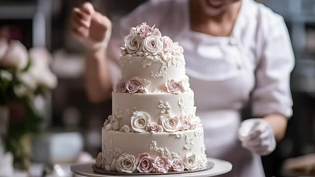A skilled baker decorates a stunning wedding cake with roses.