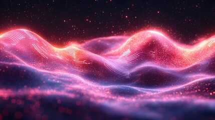 Fototapeta premium Abstract digital landscape of glowing, undulating waves.