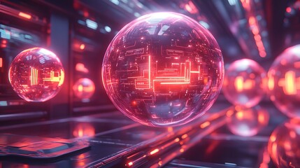 Floating, glowing spheres illuminate a futuristic data center.
