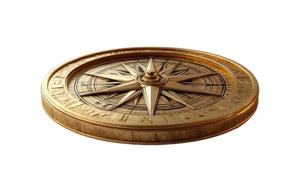 Ornate golden compass, 3D rendering.  Detailed compass with a circular golden frame, intricate design