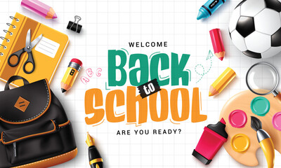 Welcome back to school greeting clipart border design. School typography text with educational supplies clip art like schoolbag, notebook, watercolor and ball elements banner template in grid line 
