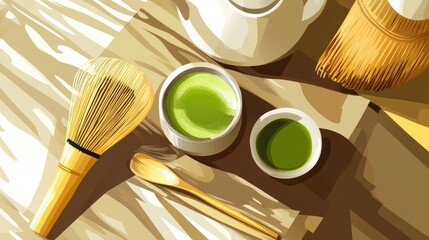 Elegant matcha tea ceremony set on a wooden surface.