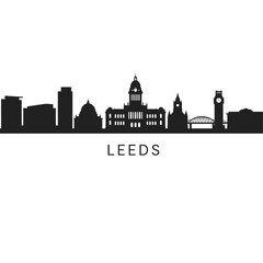 Leeds with UK skyline Black silhouette Landmark.
