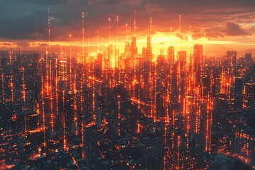 Fiery digital network overlays a futuristic cityscape at sunset.