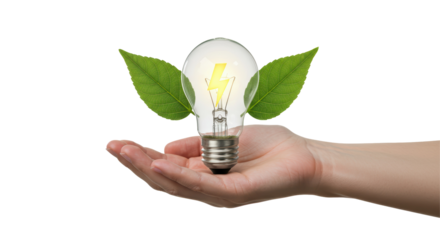 Isolated Hand Holding Lightbulb with Leaf Wings Symbolizing Green Energy