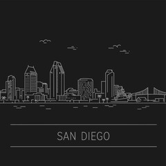 Naklejka premium San Diego Skyline with Line Art, and California.