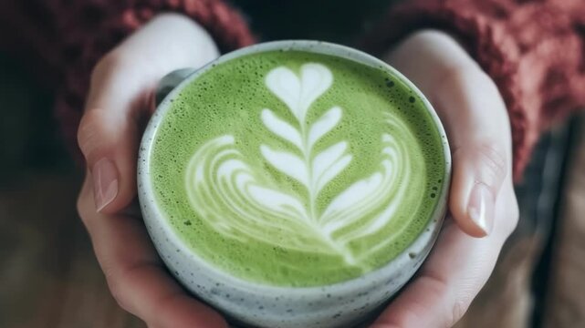 a cup of matcha in his hands. Selective focus