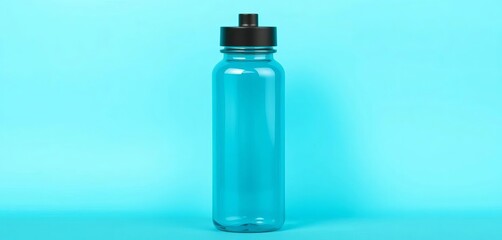 Fototapeta premium Teal reusable water bottle against turquoise backdrop, bright, stock photo