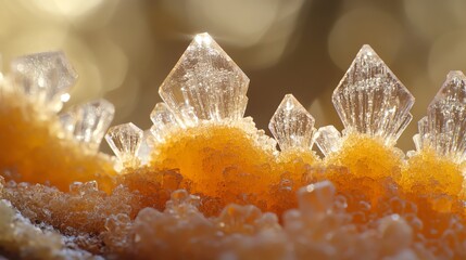 Close-up of Frost Crystals Growing on Surface with Golden Background Bokeh