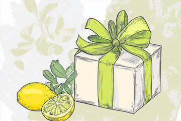birthday gift box with lemon and olive ribbon, hand-drawn sketch style, summer mediterranean colors, sticker-ready