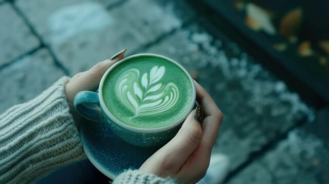 a cup of matcha in his hands. Selective focus
