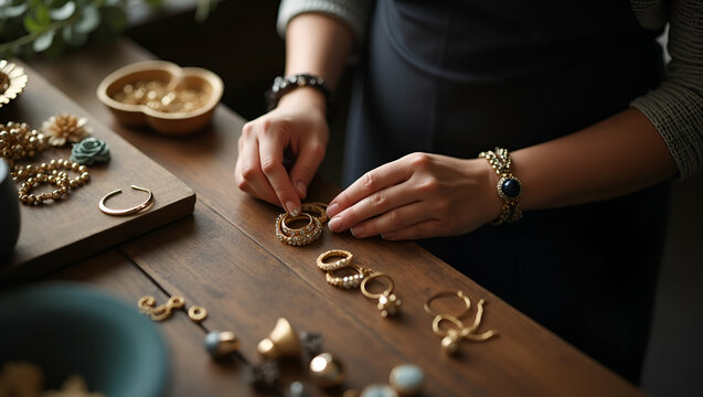 Elegant jewelry crafting program emphasizes sophisticated artisanal methods and creative design innovation producing premium custom accessories captured in high resolution professional photo stock vis