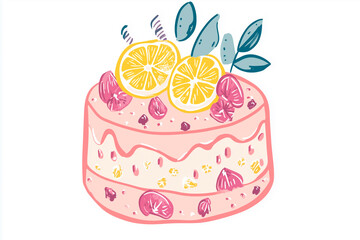 hand-drawn style birthday cake with citrus decoration, isolated, mediterranean summer aesthetic, pastel tones, perfect for sticker or menu