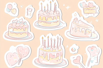 hand-drawn style birthday cake with citrus decoration, isolated, mediterranean summer aesthetic, pastel tones, perfect for sticker or menu