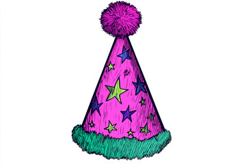 party hat with pom-pom and star pattern, hand-drawn sketch style, isolated on white, vibrant colors