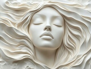 The serene stone face of a woman with closed eyes emerges from a sculpted surface, embodying peace and tranquility.