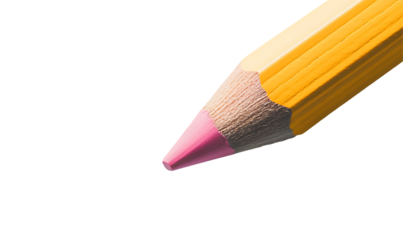 Close-up of a pencil tip.  A sharpened, yellow wooden pencil with a pink colored lead