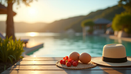 Elegant summer getaway portrayal capturing refined relaxation vibrant outdoor escapes and curated leisure experiences in idyllic seasonal settings in  Photo Stock  Concept  and empty space on the left