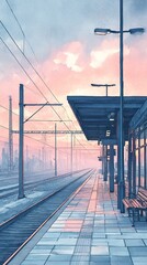 Obraz premium A watercolor painting of a quiet train station at dawn, featuring empty tracks and pink skies. The peaceful morning ambiance and soft pastel colors give the artwork a contemplative tone.