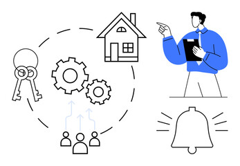 Keys, house, gears, team connection, alert bell, and advisor with clipboard representing property management, real estate processes, collaboration, investment alerts planning and problem-solving