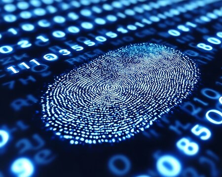 Digital fingerprint overlayed on binary code. - Powered by Adobe