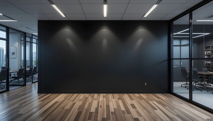 A modern black wall mockup in an office with wooden flooring, illuminated by ceiling lights at night, featuring a meeting room visible through a glass wall on the right side.
