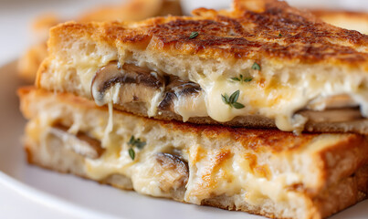 a double-stacked Swiss mushroom melt sandwich with molten cheese,Generative AI