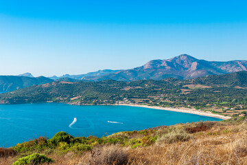 Naklejka premium Pero beach, Cargèse, Corsica, France, typical and picturesque hillside village. Hilltop town nestled on the coast above the Mediterranean sea.