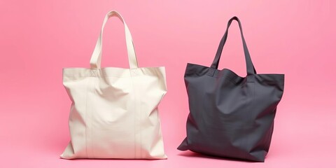 Two canvas tote bags, one light and one dark, rest on a solid pink background, tote, market bag