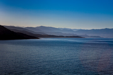 Panoramic view on Gulf of Sagone from Cargèse, Corsica, France, typical and picturesque hillside village. Hilltop town nestled on the coast above the Mediterranean sea.