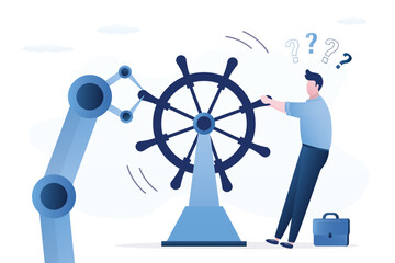 Robot hand and human share rudder helm. Fight for leadership. Businessman or male employee competes with robot or chat bot. © naum