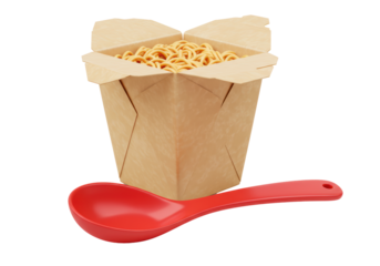 Isolated Takeout Noodle Box with Red Spoon, Asian Cuisine