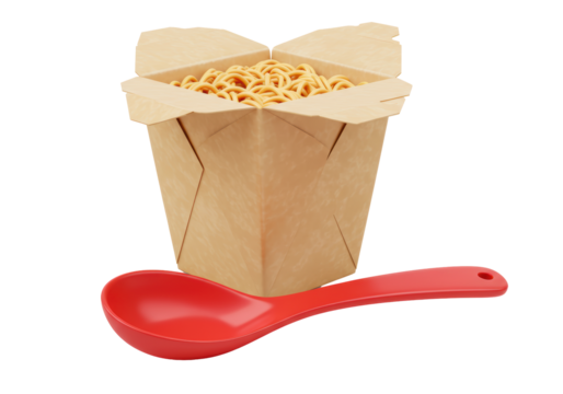 Isolated Takeout Noodle Box with Red Spoon, Asian Cuisine